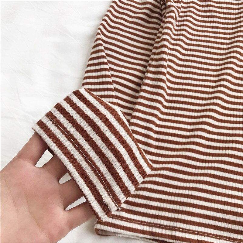 Women Striped Turtleneck T-Shirt Vintage Long Sleeve Casual