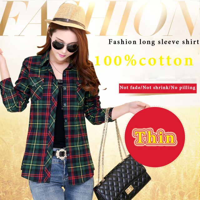 JIANGYIXUAN Casual Button Down Lapel Neck Plaids Checks Flannel Shirts Women Long Sleeve Tops Blouse free shipping S-144
