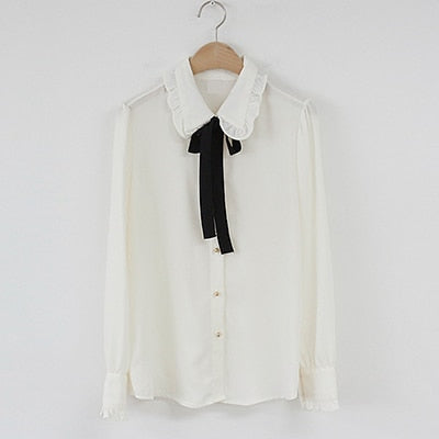 Bow Shirts Woman Long Sleeve Button Chiffon Blouse Women New Embroidery Blouses Butterfly Sleeve Casual White Shirt Femme