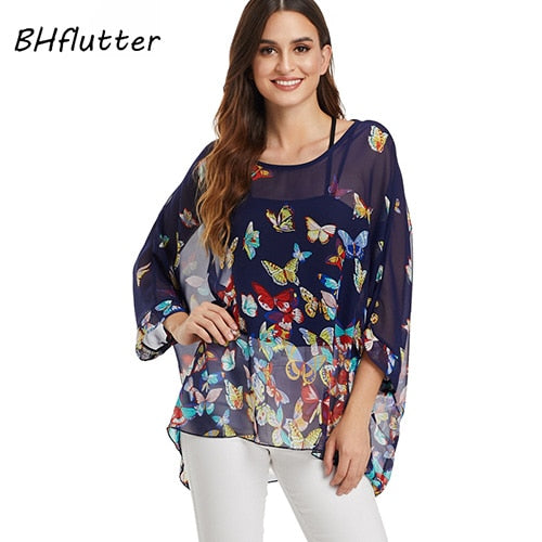 BHflutter Women Tops and Blouses Plus Size New Style Batwing Casual Loose Summer Blouse Floral Print Chiffon Shirts Blusas