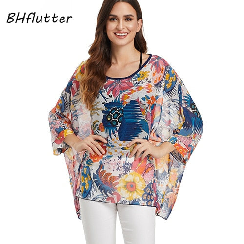 BHflutter Women Tops and Blouses Plus Size New Style Batwing Casual Loose Summer Blouse Floral Print Chiffon Shirts Blusas