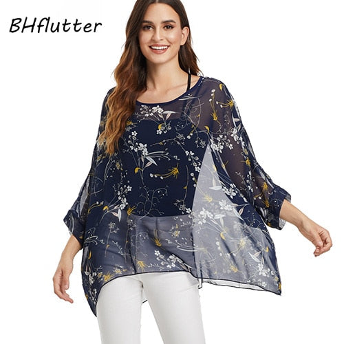 BHflutter Women Tops and Blouses Plus Size New Style Batwing Casual Loose Summer Blouse Floral Print Chiffon Shirts Blusas