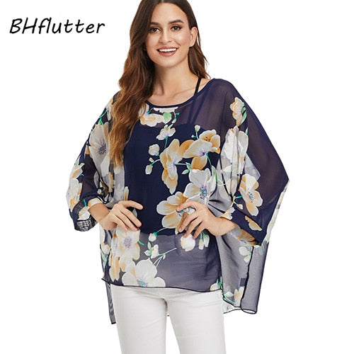 BHflutter Women Tops and Blouses Plus Size New Style Batwing Casual Loose Summer Blouse Floral Print Chiffon Shirts Blusas