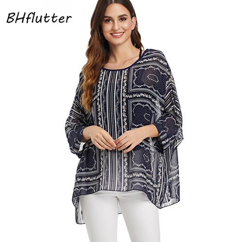 BHflutter Women Tops and Blouses Plus Size New Style Batwing Casual Loose Summer Blouse Floral Print Chiffon Shirts Blusas