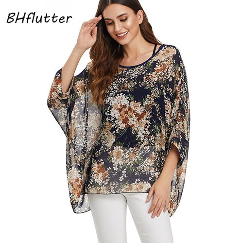 BHflutter Women Tops and Blouses Plus Size New Style Batwing Casual Loose Summer Blouse Floral Print Chiffon Shirts Blusas