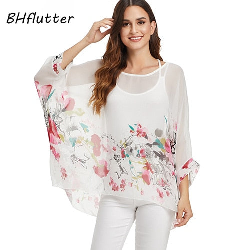 BHflutter Women Tops and Blouses Plus Size New Style Batwing Casual Loose Summer Blouse Floral Print Chiffon Shirts Blusas