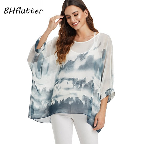 BHflutter Women Tops and Blouses Plus Size New Style Batwing Casual Loose Summer Blouse Floral Print Chiffon Shirts Blusas