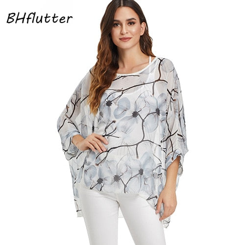 BHflutter Women Tops and Blouses Plus Size New Style Batwing Casual Loose Summer Blouse Floral Print Chiffon Shirts Blusas