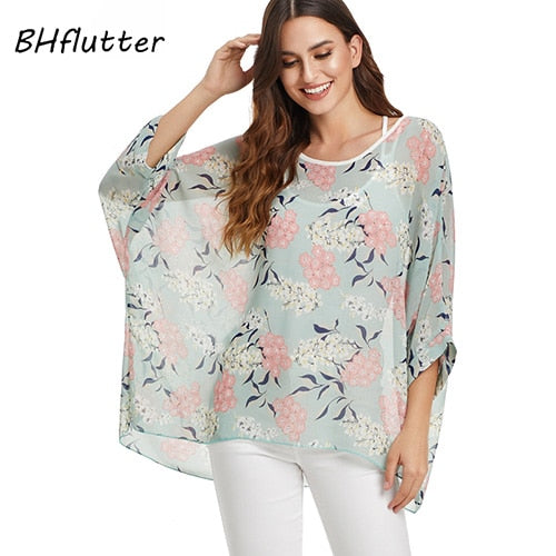 BHflutter Women Tops and Blouses Plus Size New Style Batwing Casual Loose Summer Blouse Floral Print Chiffon Shirts Blusas