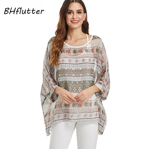 BHflutter Women Tops and Blouses Plus Size New Style Batwing Casual Loose Summer Blouse Floral Print Chiffon Shirts Blusas