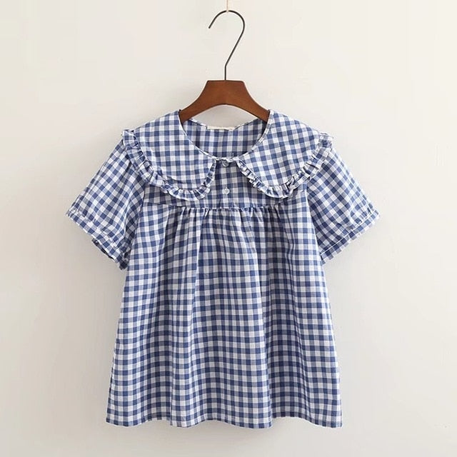 Women Plaid Shirt Long Sleeve Spring Summer Tops Ladies Japanese Mori Girl Peter pan Collar Cute Baby doll Cotton White Blouses