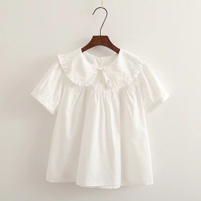 Women Plaid Shirt Long Sleeve Spring Summer Tops Ladies Japanese Mori Girl Peter pan Collar Cute Baby doll Cotton White Blouses