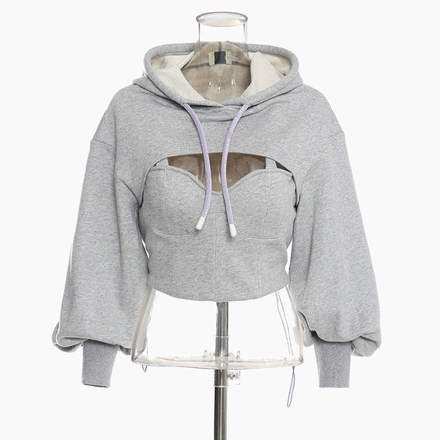 TWOTWINSTYLE Hollow Out Gray Sweatshirt For Women Hooded Collar Long Sleeve Fake Two Casual Short Tops Female Fashion Fall