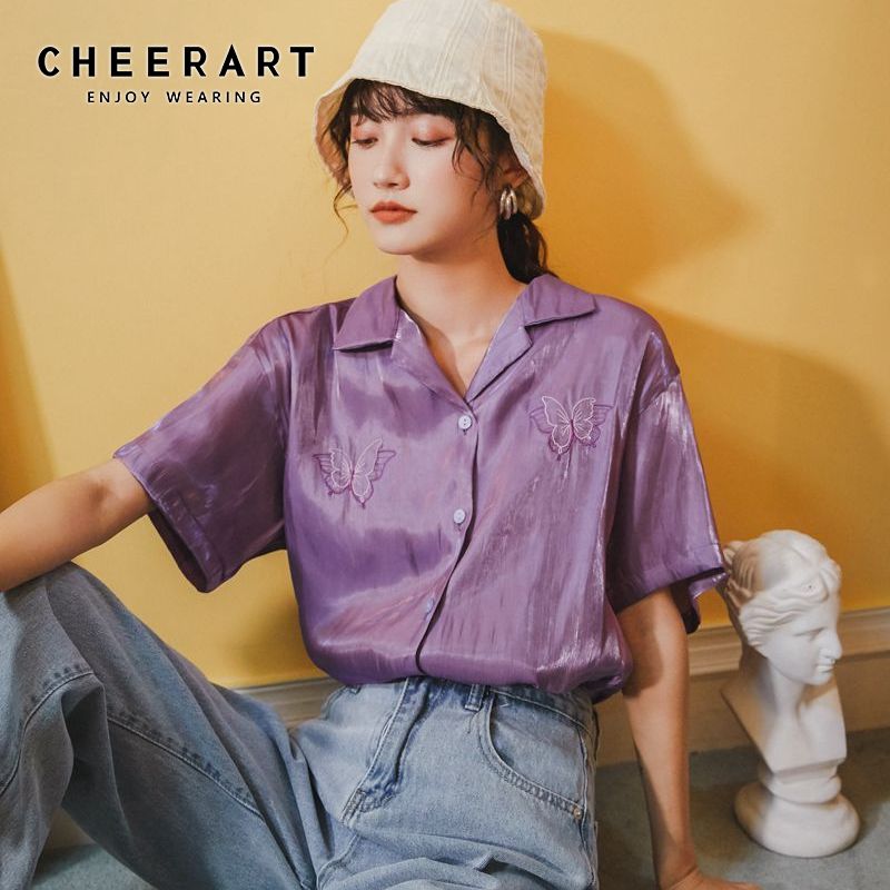CHEERART Butterfly Embroidery Blouse Summer Button Down Shirt For Women Purple White Satin Shirt Korean Glitter Blouse 2020