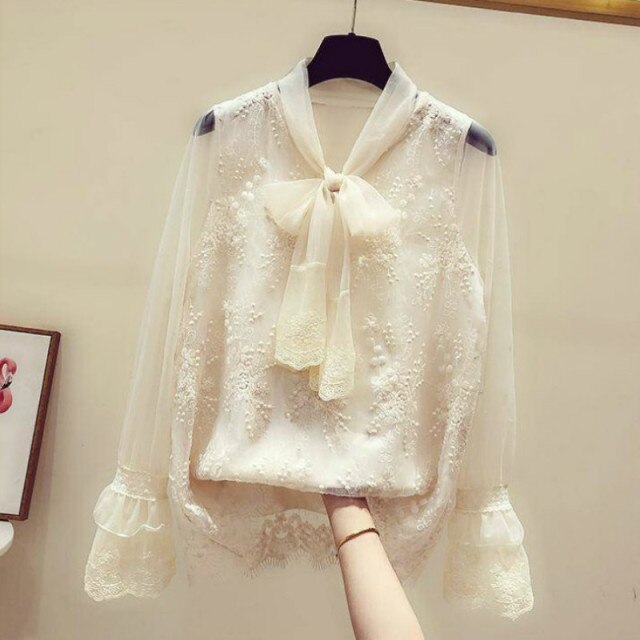 summer lace Transparent long sleeve women's shirt blouse women blusas womens tops and blouses chiffon shirts plus size