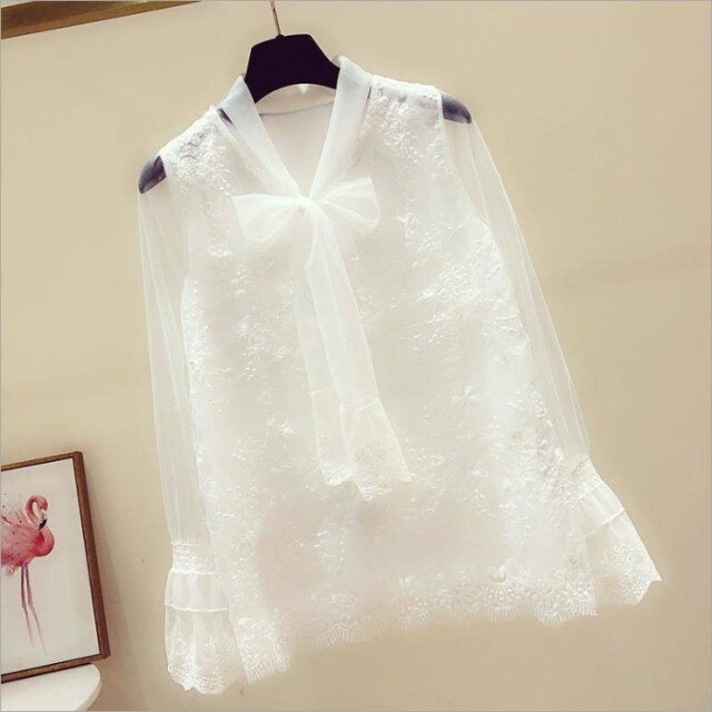 summer lace Transparent long sleeve women's shirt blouse women blusas womens tops and blouses chiffon shirts plus size