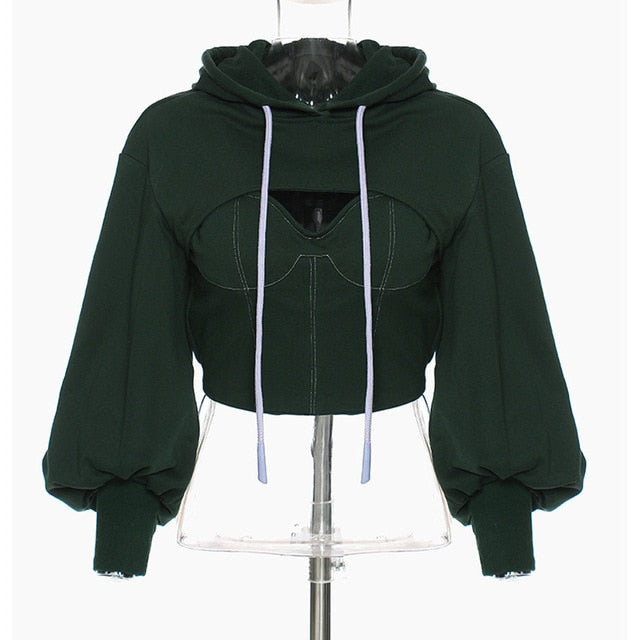 TWOTWINSTYLE Hollow Out Gray Sweatshirt For Women Hooded Collar Long Sleeve Fake Two Casual Short Tops Female Fashion Fall