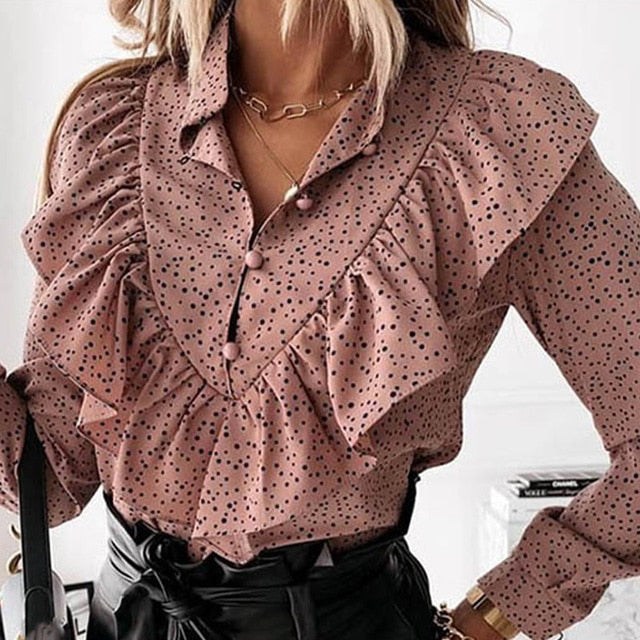 Ruffled Polka Dot Print Women's Blouses Autumn Single Breasted Long Sleeve Female Blouse Elegant Office Ladies Tops Clothes