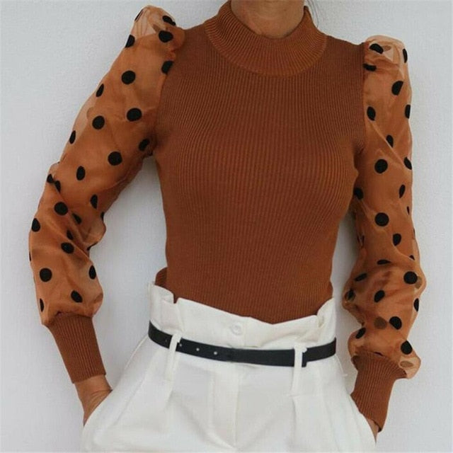 Turtleneck Knitted Polka Dot Blouse