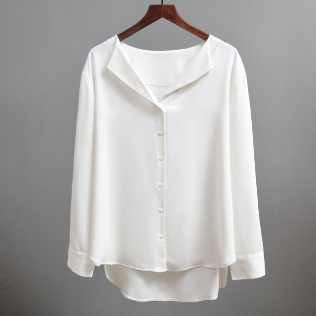 Casual Solid Female Shirts Outwear Tops Spring New Women Chiffon Blouse Office Lady V-neck Button Loose Clothing 5104 50