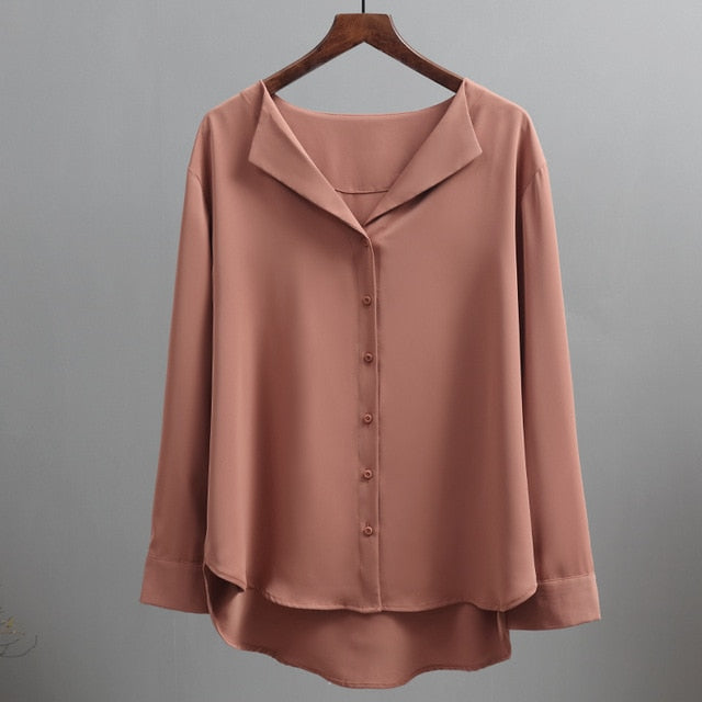 Casual Solid Female Shirts Outwear Tops Spring New Women Chiffon Blouse Office Lady V-neck Button Loose Clothing 5104 50