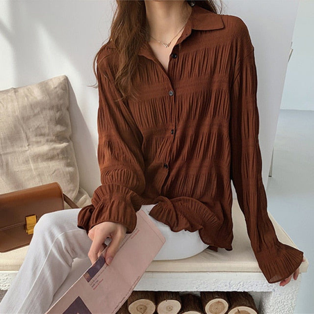 New 2021 Spring Vintage Elegant Women Chiffon Blouses Casual Long Sleeve Blusas Femme Turn-down Collar Solid Shirts Female Tops