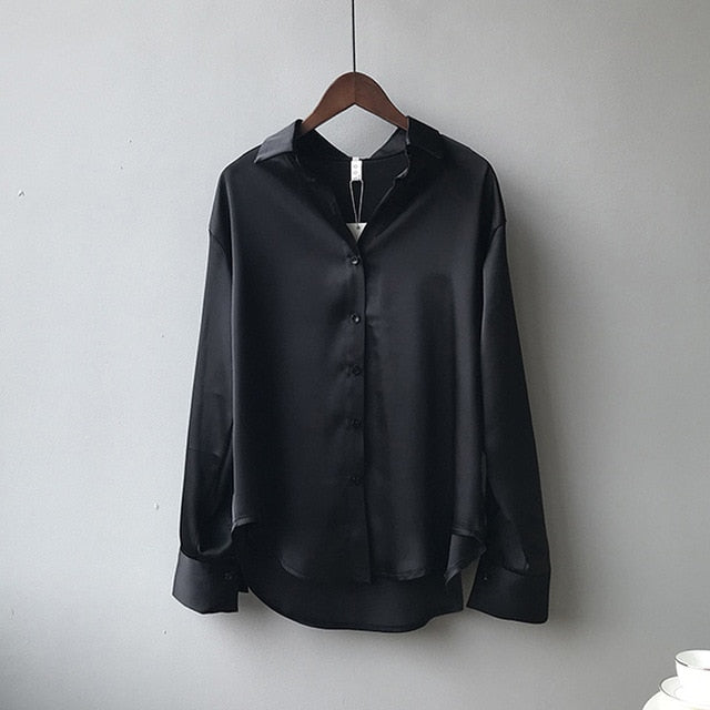 Vintage White Long Sleeve Shirts Tops Ladies Elegant Korean Office Shirt Fashion Button Up Satin Silk Shirt Blouse Women 11355