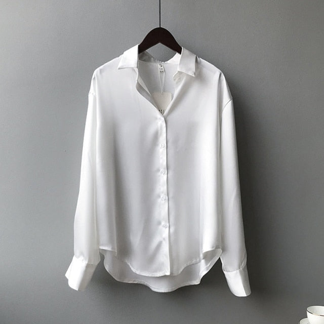 Vintage White Long Sleeve Shirts Tops Ladies Elegant Korean Office Shirt Fashion Button Up Satin Silk Shirt Blouse Women 11355