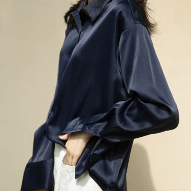 Vintage White Long Sleeve Shirts Tops Ladies Elegant Korean Office Shirt Fashion Button Up Satin Silk Shirt Blouse Women 11355