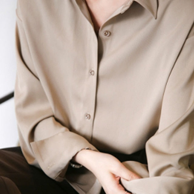 Vintage White Long Sleeve Shirts Tops Ladies Elegant Korean Office Shirt Fashion Button Up Satin Silk Shirt Blouse Women 11355
