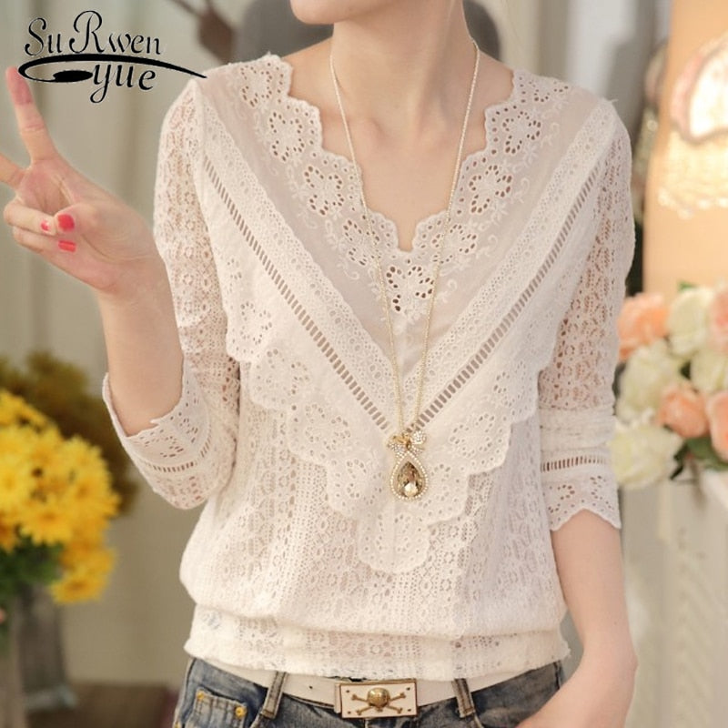 Lace Shirt Long Sleeve Fashion Women Blouse Spring and Autumn Korean See-Through V Neck Slim Blouse with Lace Female 63C