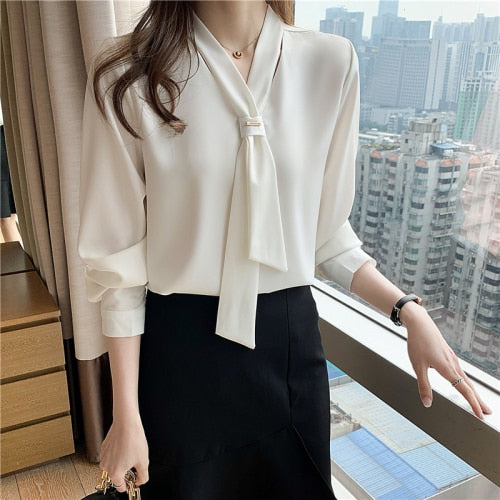 Long Sleeve White Blouse Bow V-neck Chiffon Blouse Shirt Women Tops Blouse Women Blusas Mujer De Moda Women Blouses E367