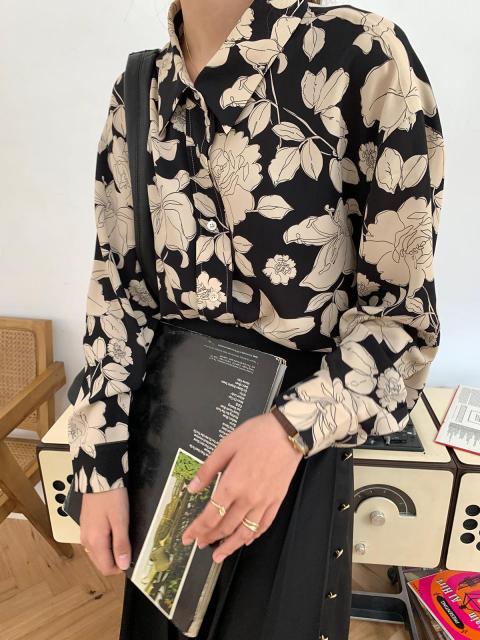 Yedinas Vintage Rose Print Shirt Women Elegant Blouse Female Long Sleeve Shirts Spring Casual Blouses Floral Womens Harajuku Top