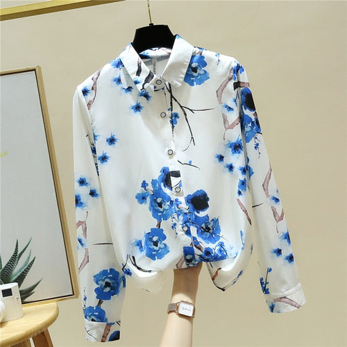 Long Sleeve Blouse Women Blusas Mujer De Moda Turn Down Collar Print Chiffon Blouse Shirt Tops Blusa Women Clothing E72