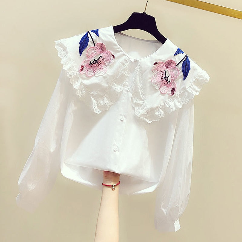Long Sleeve Flower Embroidery White Blouse Shirt Tops Blusa Blouse Women Blusas Mujer De Moda Womens Tops And Blouses D887
