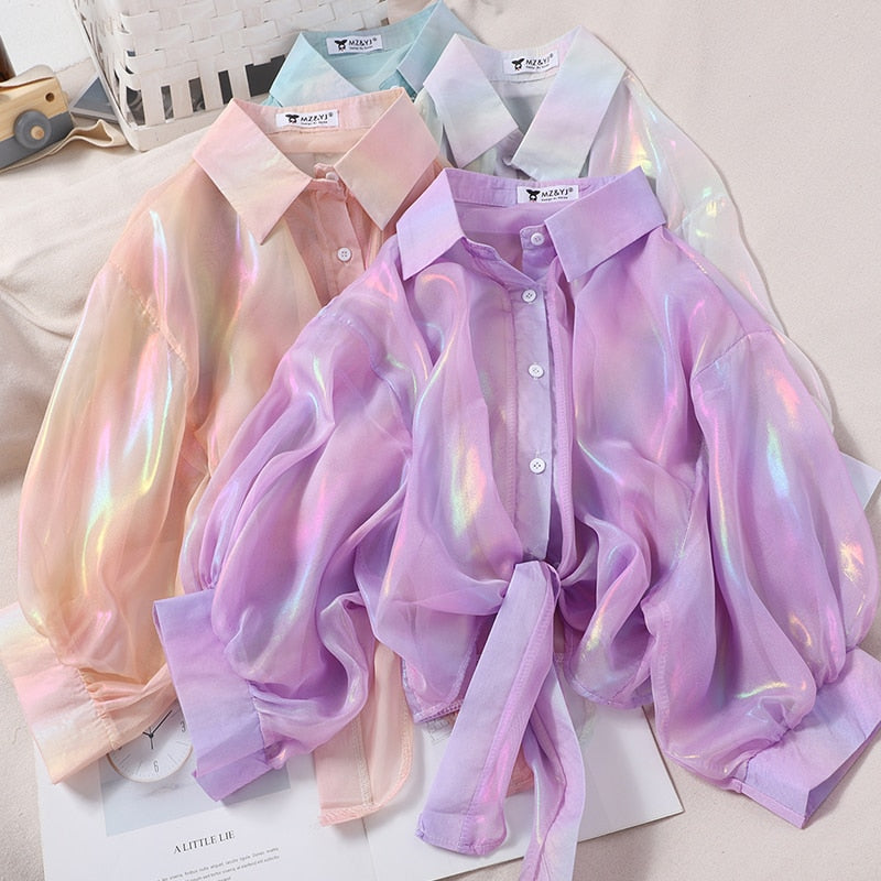 HELIAR Woman Blouses Sparkles Shinning Chiffon Shirts Button Up Women's Blouse shirts Tied Up Waist Transperant Tops