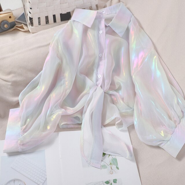 HELIAR Woman Blouses Sparkles Shinning Chiffon Shirts Button Up Women's Blouse shirts Tied Up Waist Transperant Tops
