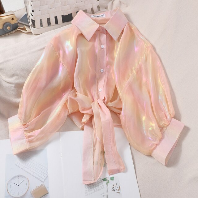 HELIAR Woman Blouses Sparkles Shinning Chiffon Shirts Button Up Women's Blouse shirts Tied Up Waist Transperant Tops