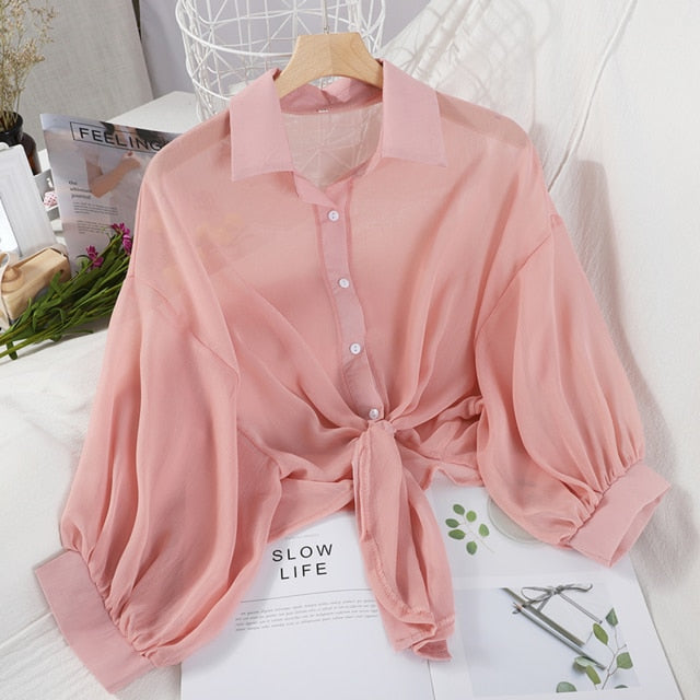 HELIAR Woman Blouses Sparkles Shinning Chiffon Shirts Button Up Women's Blouse shirts Tied Up Waist Transperant Tops