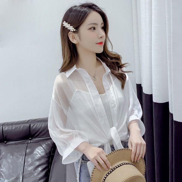 HELIAR Woman Blouses Sparkles Shinning Chiffon Shirts Button Up Women's Blouse shirts Tied Up Waist Transperant Tops