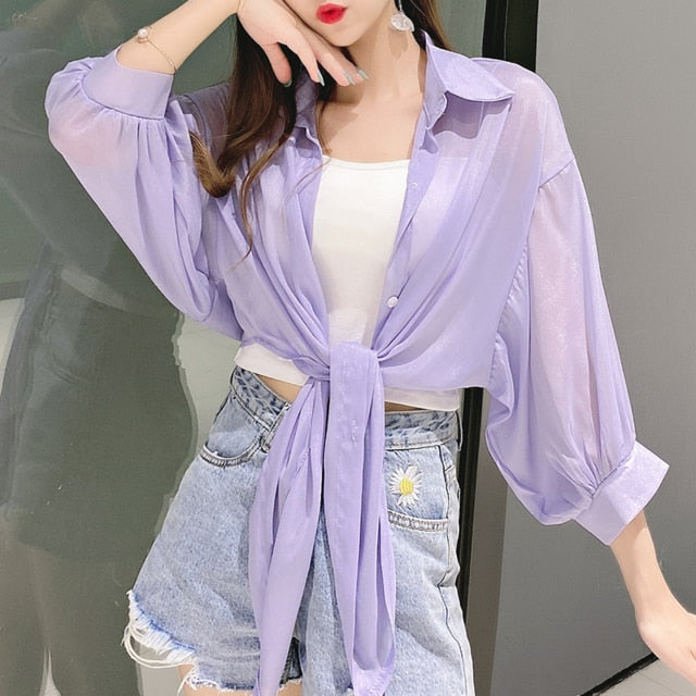 HELIAR Woman Blouses Sparkles Shinning Chiffon Shirts Button Up Women's Blouse shirts Tied Up Waist Transperant Tops
