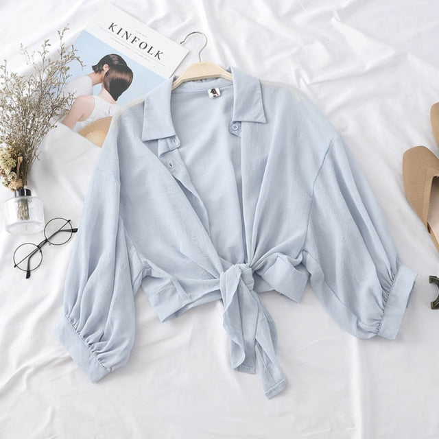 HELIAR Woman Blouses Sparkles Shinning Chiffon Shirts Button Up Women's Blouse shirts Tied Up Waist Transperant Tops