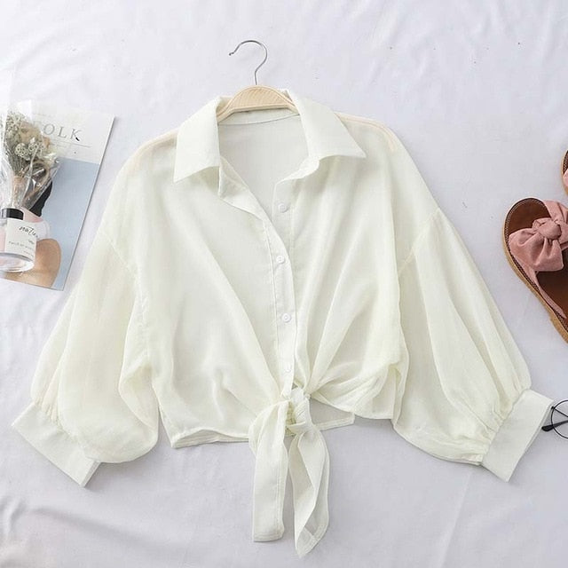 HELIAR Woman Blouses Sparkles Shinning Chiffon Shirts Button Up Women's Blouse shirts Tied Up Waist Transperant Tops