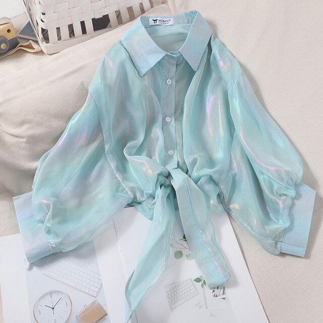 HELIAR Woman Blouses Sparkles Shinning Chiffon Shirts Button Up Women's Blouse shirts Tied Up Waist Transperant Tops