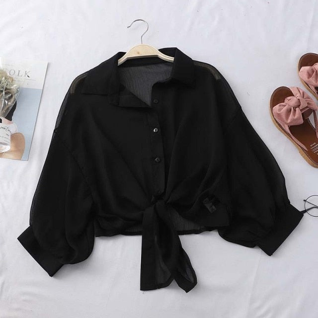 HELIAR Woman Blouses Sparkles Shinning Chiffon Shirts Button Up Women's Blouse shirts Tied Up Waist Transperant Tops