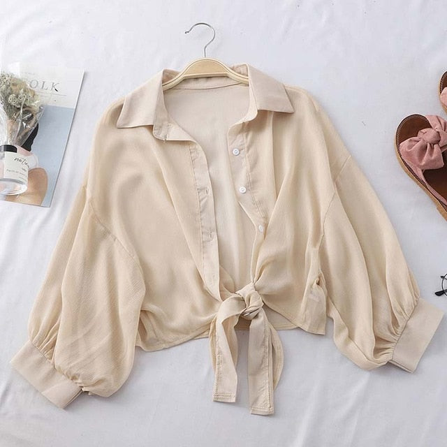 HELIAR Woman Blouses Sparkles Shinning Chiffon Shirts Button Up Women's Blouse shirts Tied Up Waist Transperant Tops