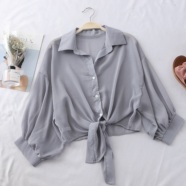 HELIAR Woman Blouses Sparkles Shinning Chiffon Shirts Button Up Women's Blouse shirts Tied Up Waist Transperant Tops