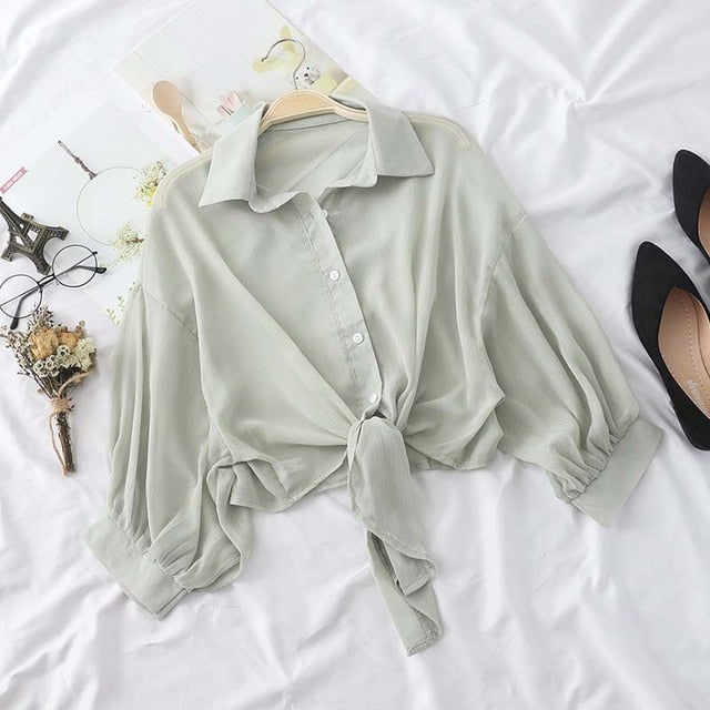 HELIAR Woman Blouses Sparkles Shinning Chiffon Shirts Button Up Women's Blouse shirts Tied Up Waist Transperant Tops