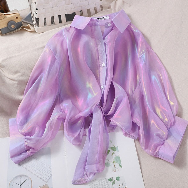 HELIAR Woman Blouses Sparkles Shinning Chiffon Shirts Button Up Women's Blouse shirts Tied Up Waist Transperant Tops