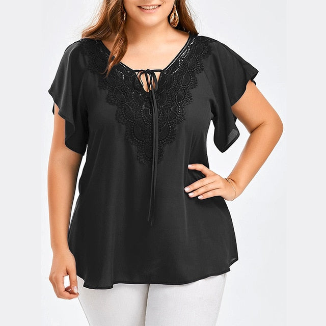 Plegie Plus Size Lace Patchwork Shirt Womens Tops And Blouses Short Sleeve Big Size Blusas Femininas Blusas Mujer De Moda
